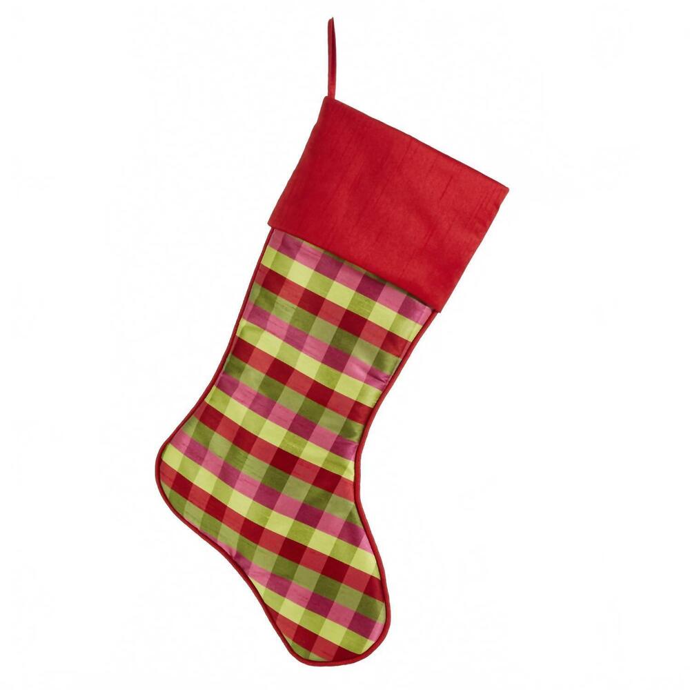 NEW RAZ IMPORTS bright plaid christmas stocking in pink & magenta